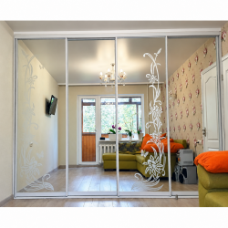 Dulap cupe încorporat cu 4 uși oglindă și decor floral A-86